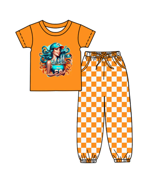 (Custom Design Preorder MOQ 5) Team's Miami Dolphins Top Plaid Joggers Kids Clothes Set