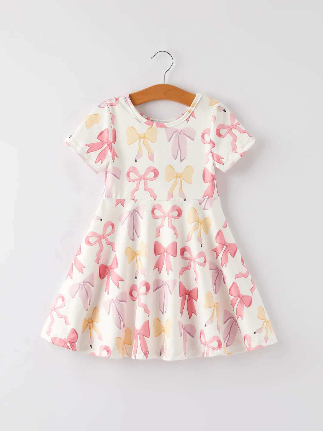 (Custom Design Preorder MOQ 5) Pen Bows Print Girls Back to School Knee Length Dress