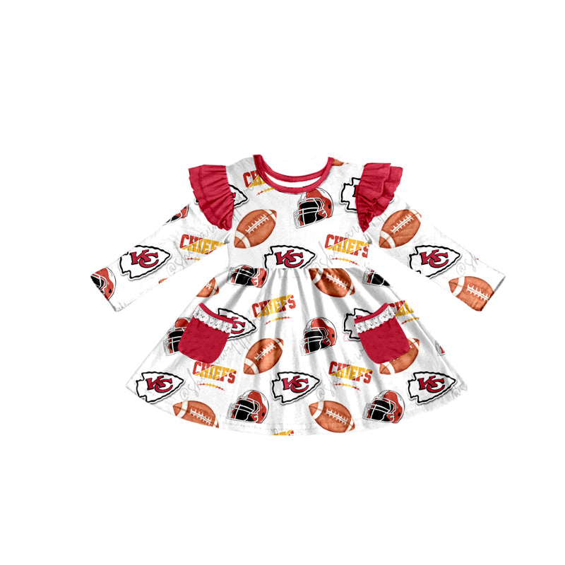 (Custom Design Preorder MOQ 5) Team's KC White Print Girls Fall Knee Length Pockets Dress