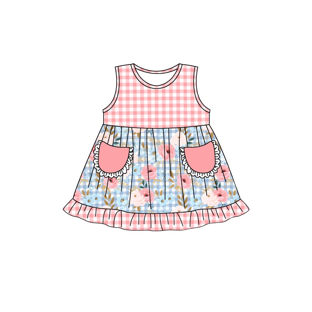 (Custom Design Preorder MOQ 5) Flowers Print Pockets Girls Knee Length Summer Dress