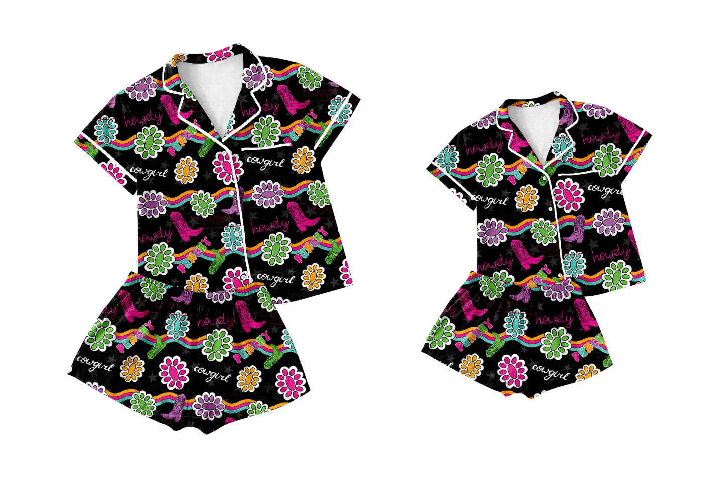 5.6(Custom Design Preorder MOQ 5 Each Design) Colorful Turquoise Print Buttons Pajamas Sets Mom and Me Summer Western Matching Clothes