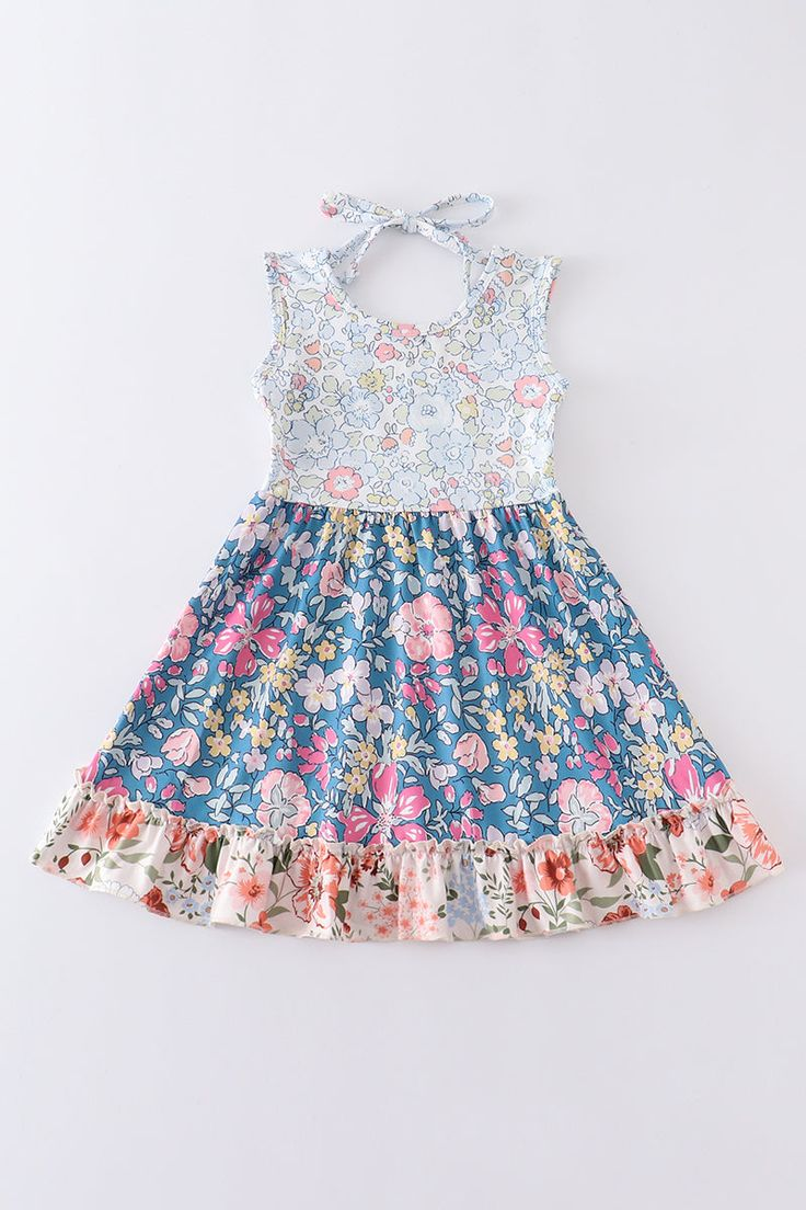 (Custom Design Preorder MOQ 5) Flowers Print Girls Knee Length Summer Dress