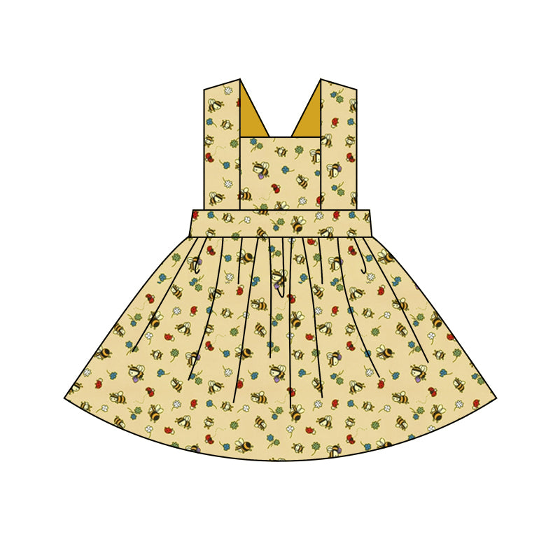 (Custom Design Preorder MOQ 5) Bee Flowers Print Girls Knee Length Summer Dress