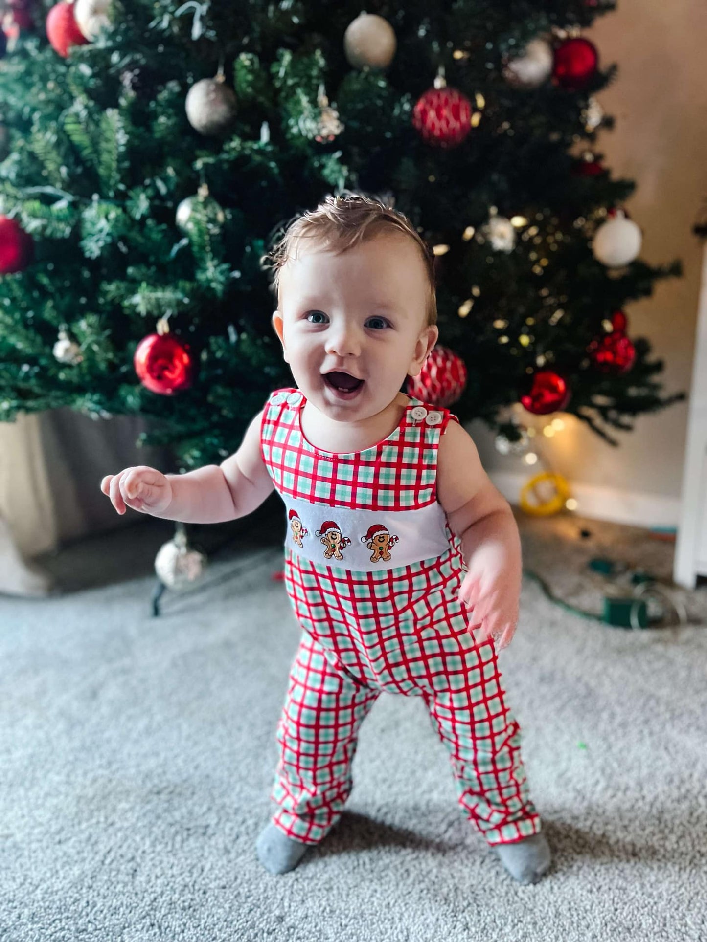 SR0406 Baby boys Gingerbread embroidery plaid Christmas romper