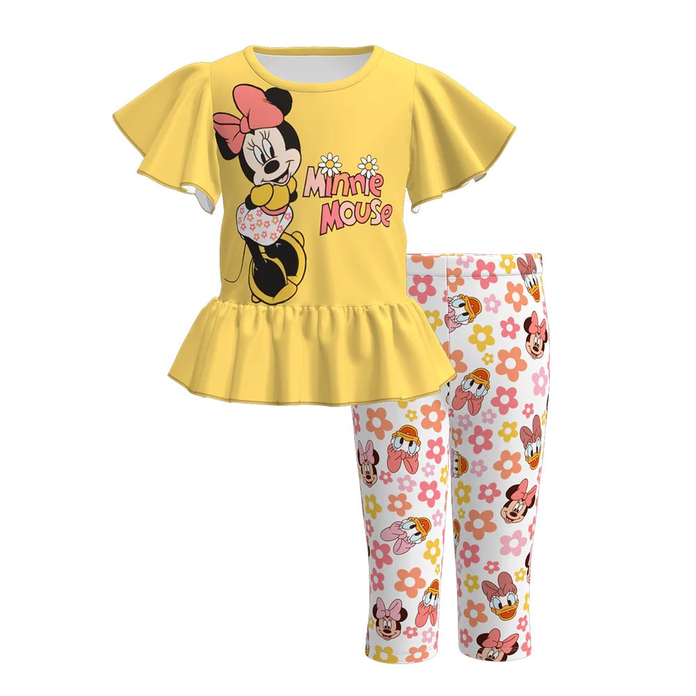 (Custom Design Preorder MOQ 5) Cartoon Mouse Yellow Top Flowers Pants Girls Clothes Set