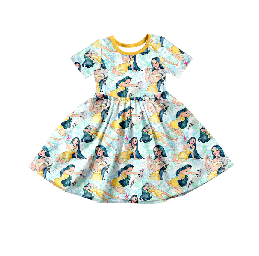 (Custom Design Preorder MOQ 5) Cartoon Princess Butterfly Print Girls Knee Length Summer Yellow Tulle Dress