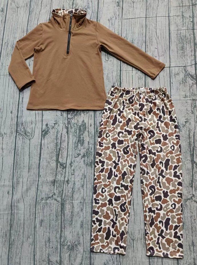 (Custom Design Preorder MOQ 5) Tan Color Zipper Pullover Top Camo Pants Boys Fall Clothes Set