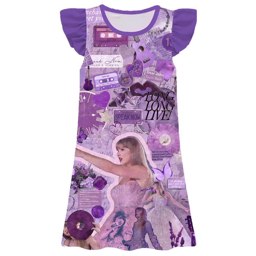 11.22(Custom Design Preorder MOQ 5) Singer Swiftie Purple Print Girls Flutter Sleeve Knee Length Dress