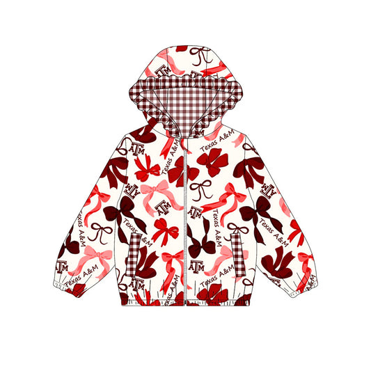(Custom Design Preorder MOQ 5) Team's TEXAS A&M Bows Print Pockets Girls Long Sleeve Zipper Jackets Top