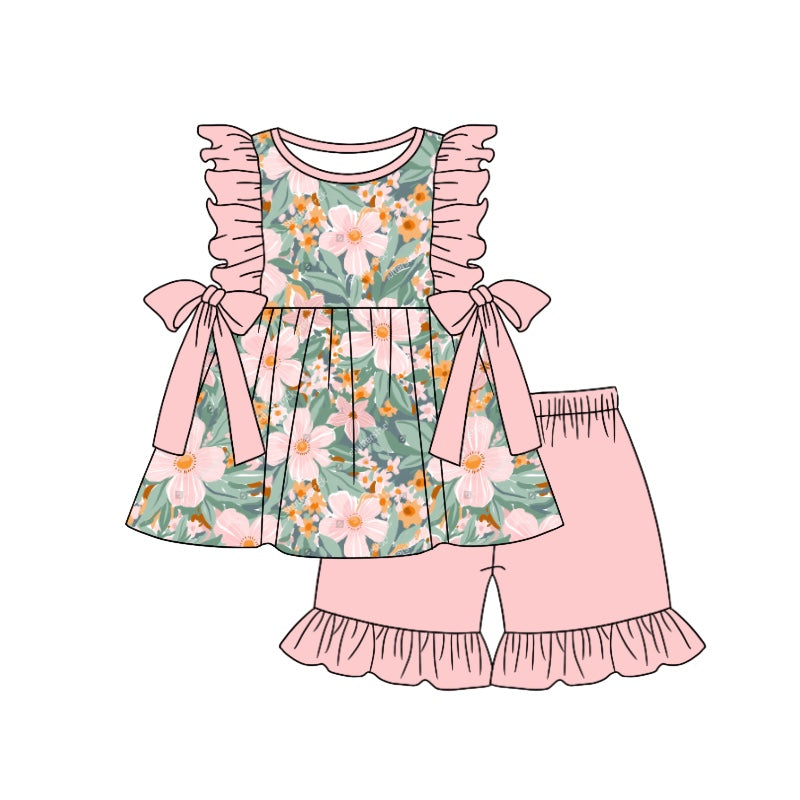 (Custom Design Preorder MOQ 5) Pink Flowers Top Ruffle Shorts Girls Summer Clothes Set