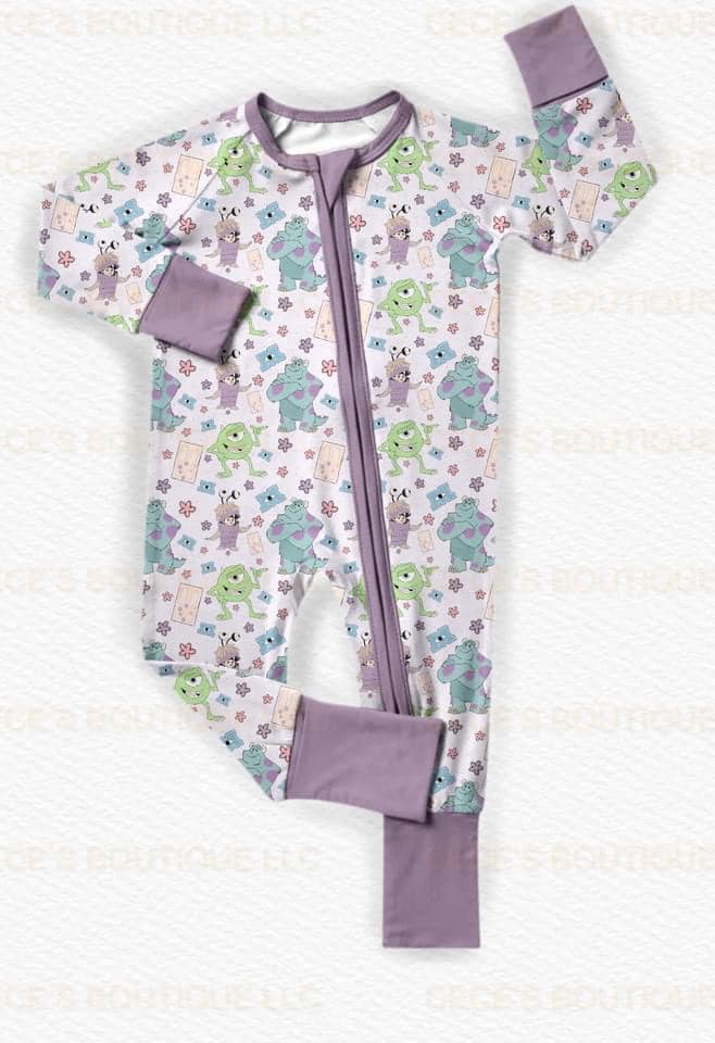 (Custom Design Preorder MOQ 20) Cartoon Monster Purple Print Baby Fall Bamboo Sleeper Zipper Romper