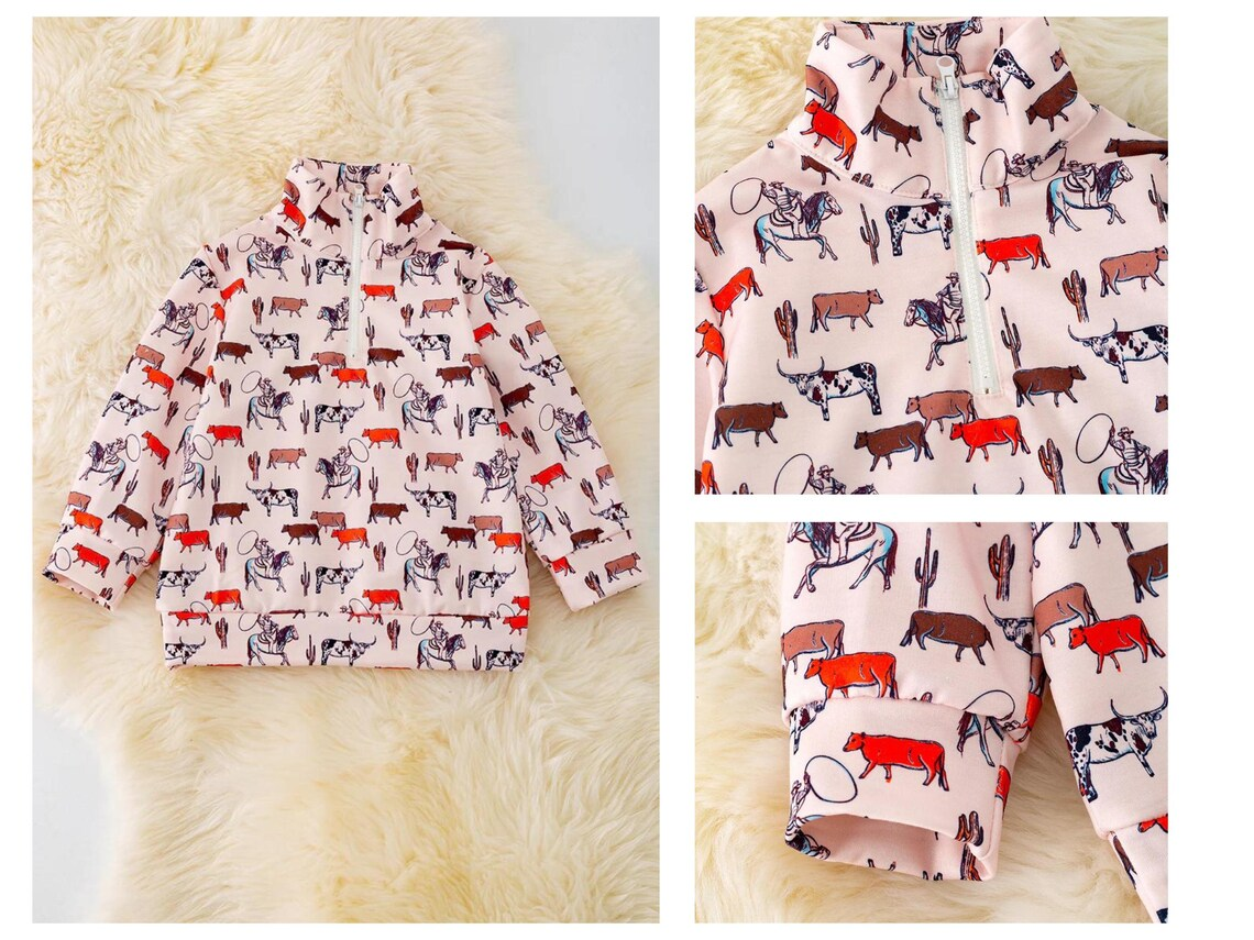 (Custom Design Preorder MOQ 5) Cows Rodeo Print Kids Fall Pullover Zipper Tops
