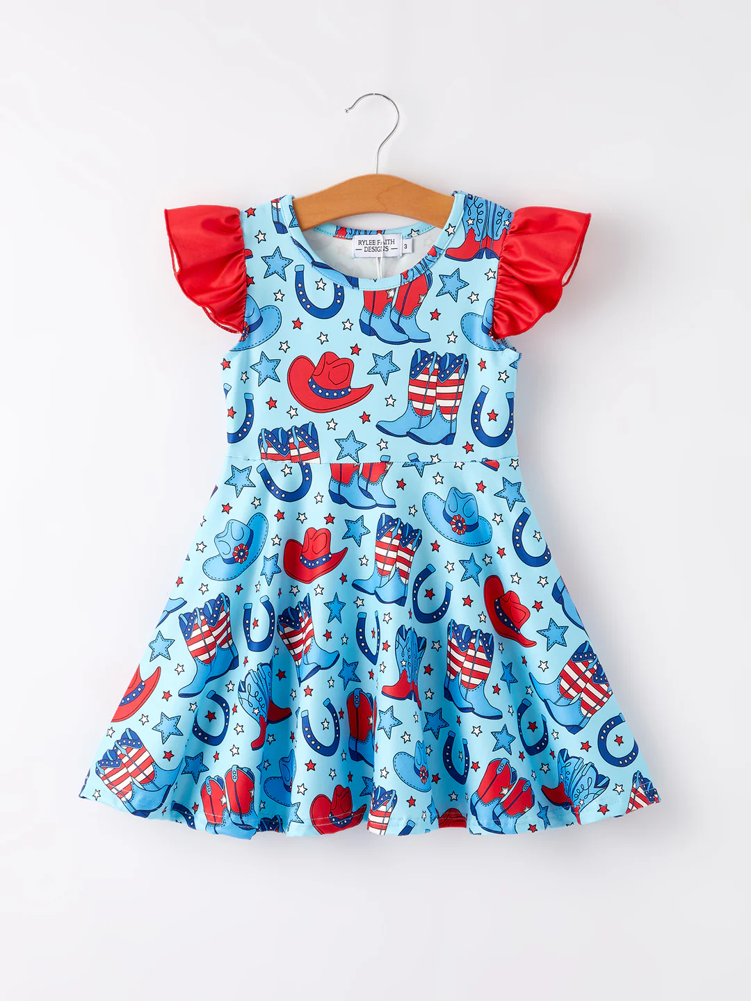 (Custom Design Preorder MOQ 5) Boots Hat Stars Print Girls Knee Length 4th of July Dress