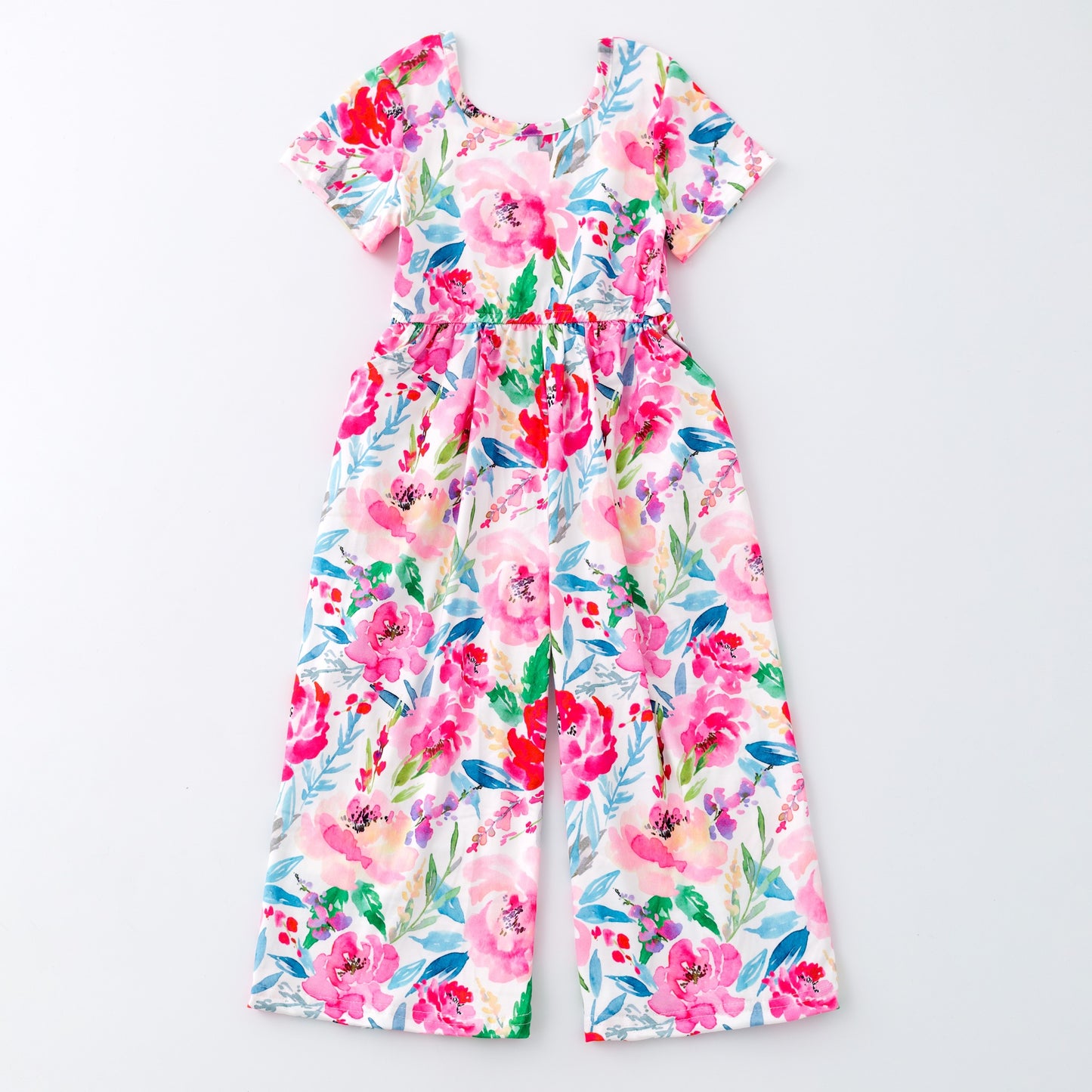 (Custom Design Preorder MOQ 5) Hot Pink Flowers Print Pockets Girls Summer Jumpsuits