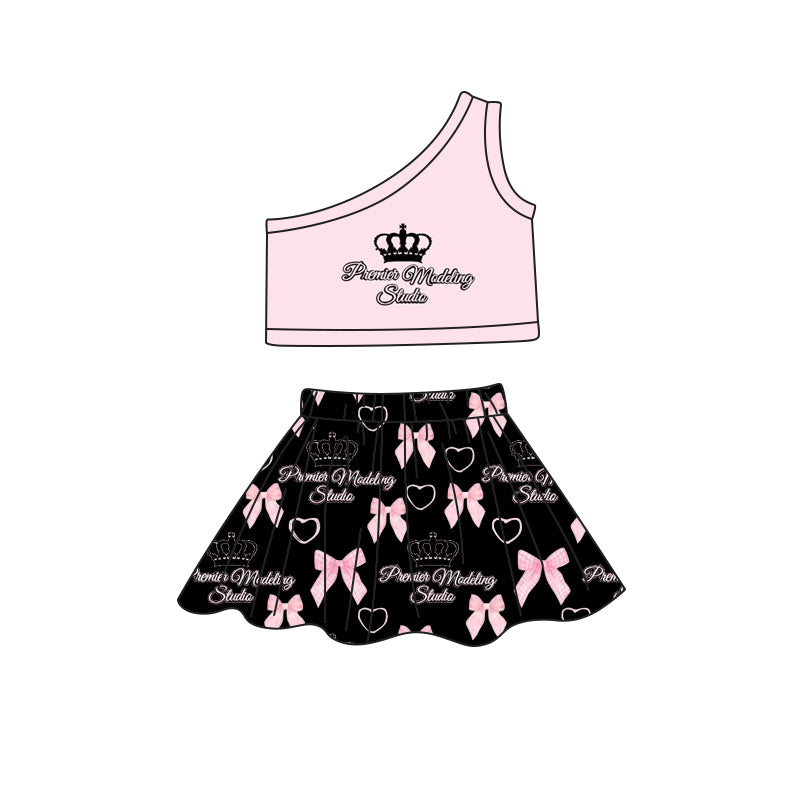 (Custom Design Preorder MOQ 5) Princess Pink Top Black Skirts Shorts Girls Clothes Sets