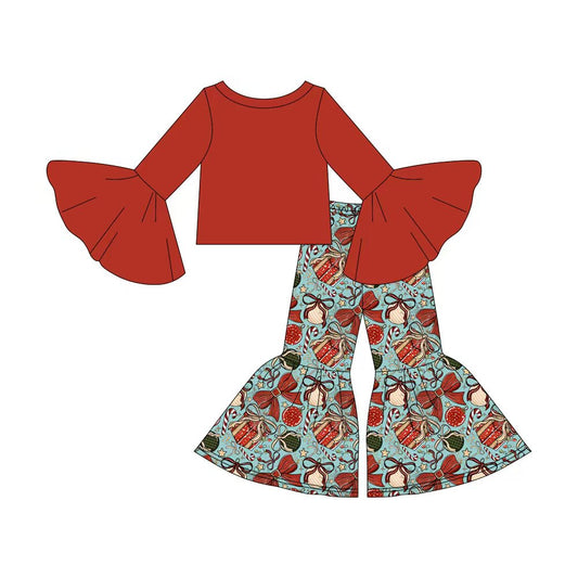 (Custom Design Preorder MOQ 5) Red Top Lights Bows Bell Pants Girls Christmas Clothes Set