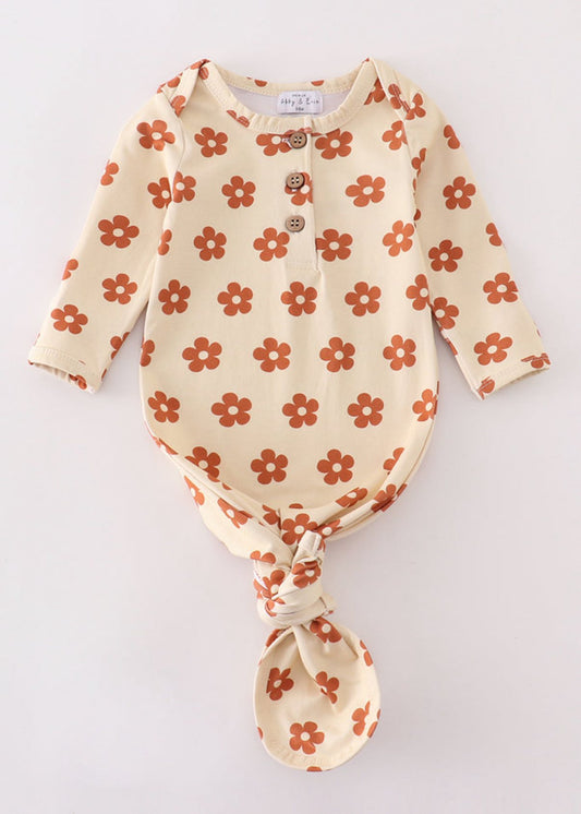 (Custom Design Preorder MOQ 5)  Brown Flowers Print Baby Girls Fall Newborn Gowns