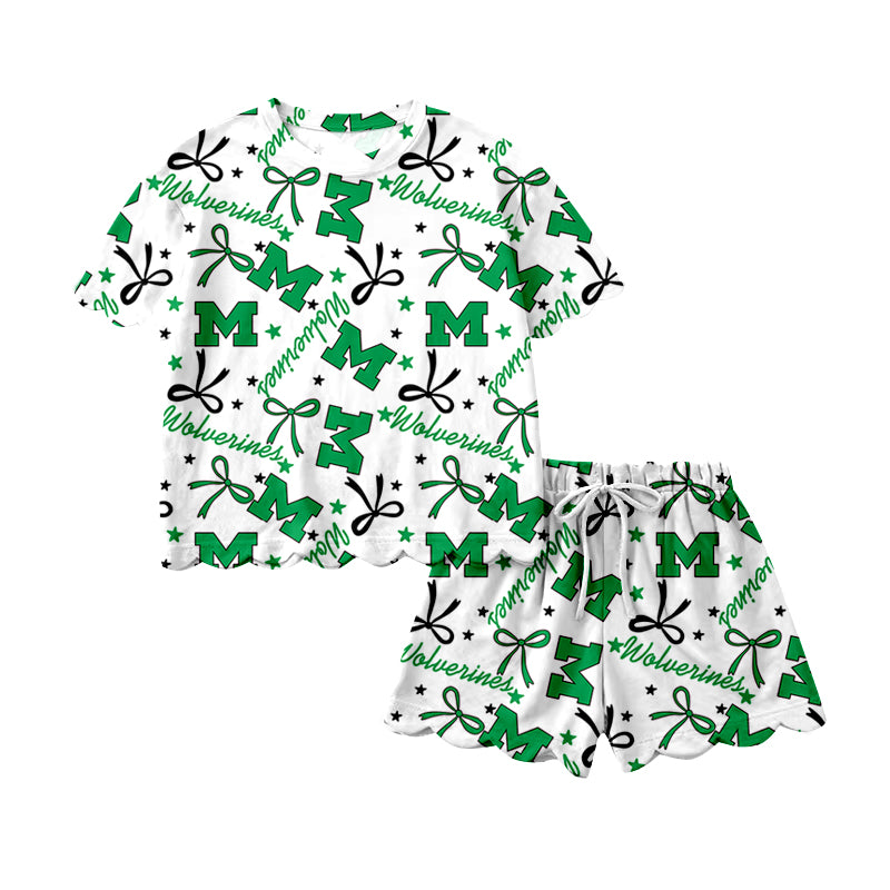 (Custom Design Preorder MOQ 5) Teams Wolverines Bows Print Girls Summer Scallop Clothes Set