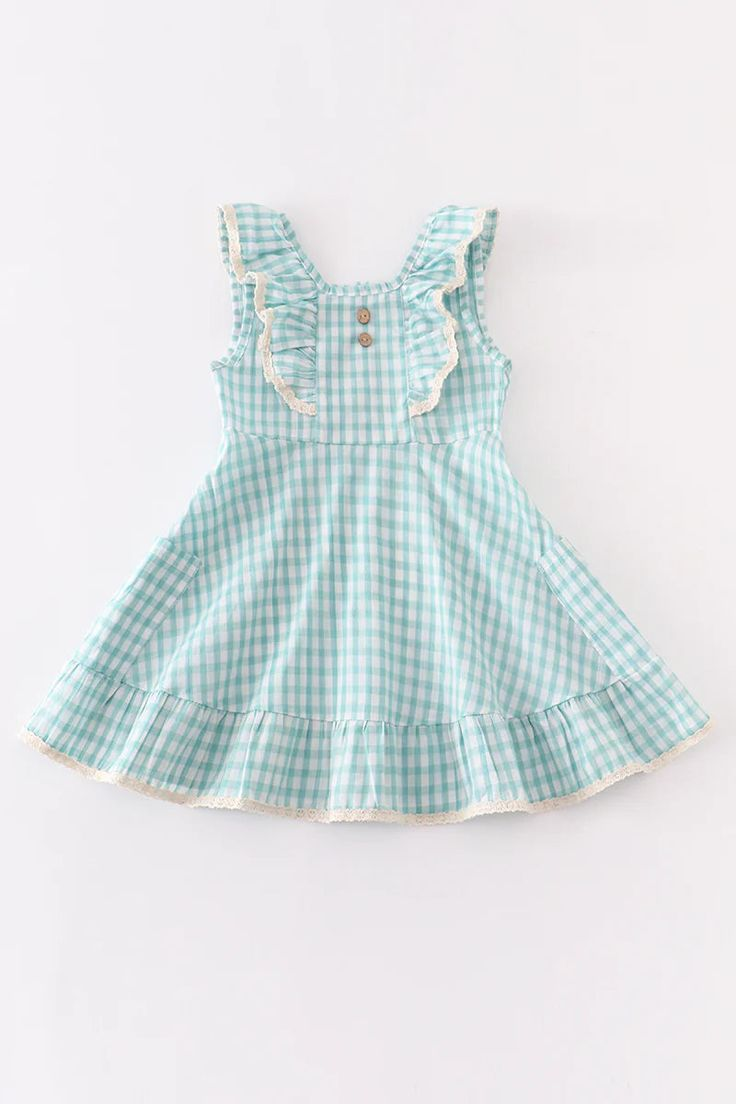 (Custom Design Preorder MOQ 5) Blue Plaid Print Girls Knee Length Summer Dress