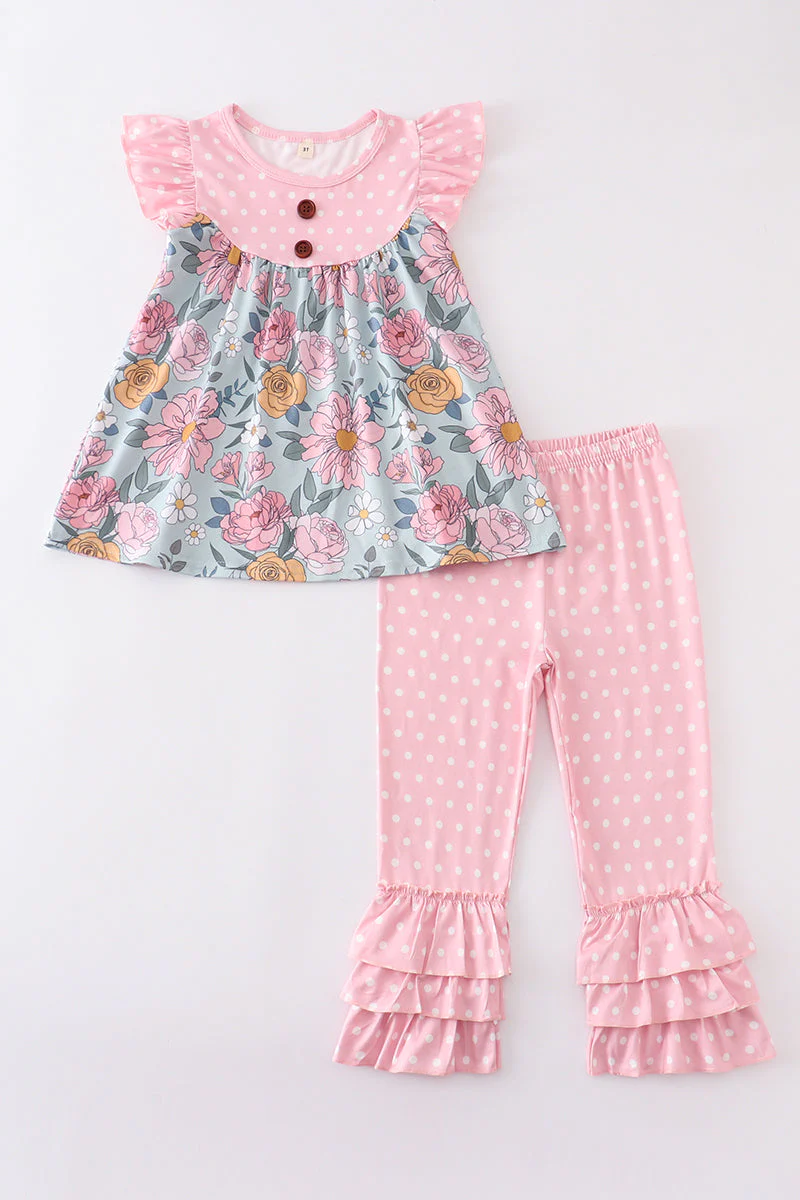 (Custom Design Preorder MOQ 5) Pink Flowers Tunic Top Pink Dots Pants Girls Clothes Set