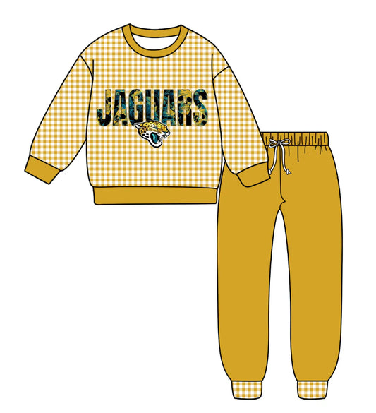 (Custom Design Preorder MOQ 5) Team's JAGUARS Plaid Print Gold Pants Kids Fall Clothes Set