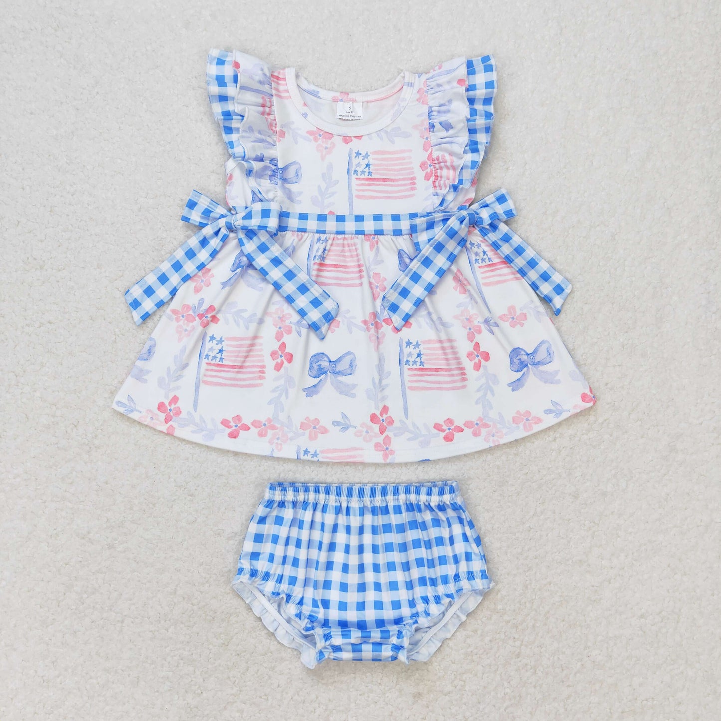 Blue Bows Flags Plaid Print Sibling Summer Matching Clothes