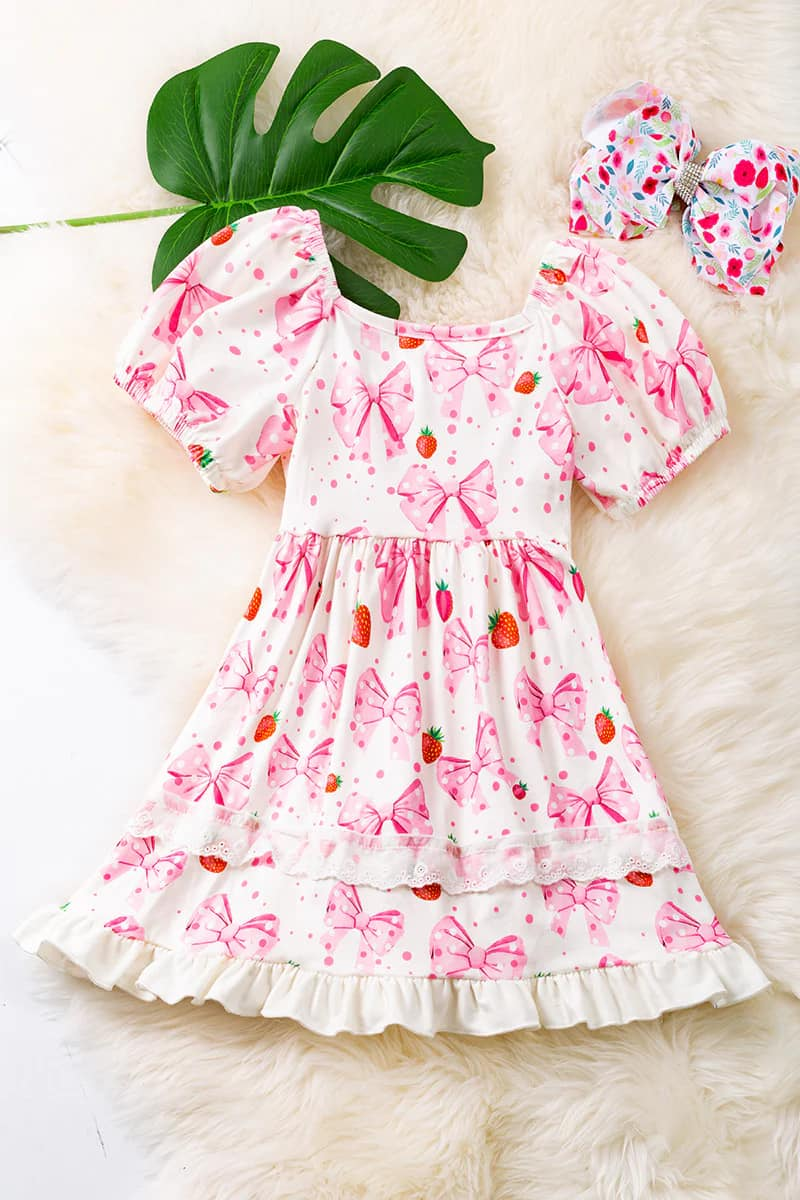 (Custom Design Preorder MOQ 5) Pink Bows Strawberry Print Girls Knee Length Summer Dress
