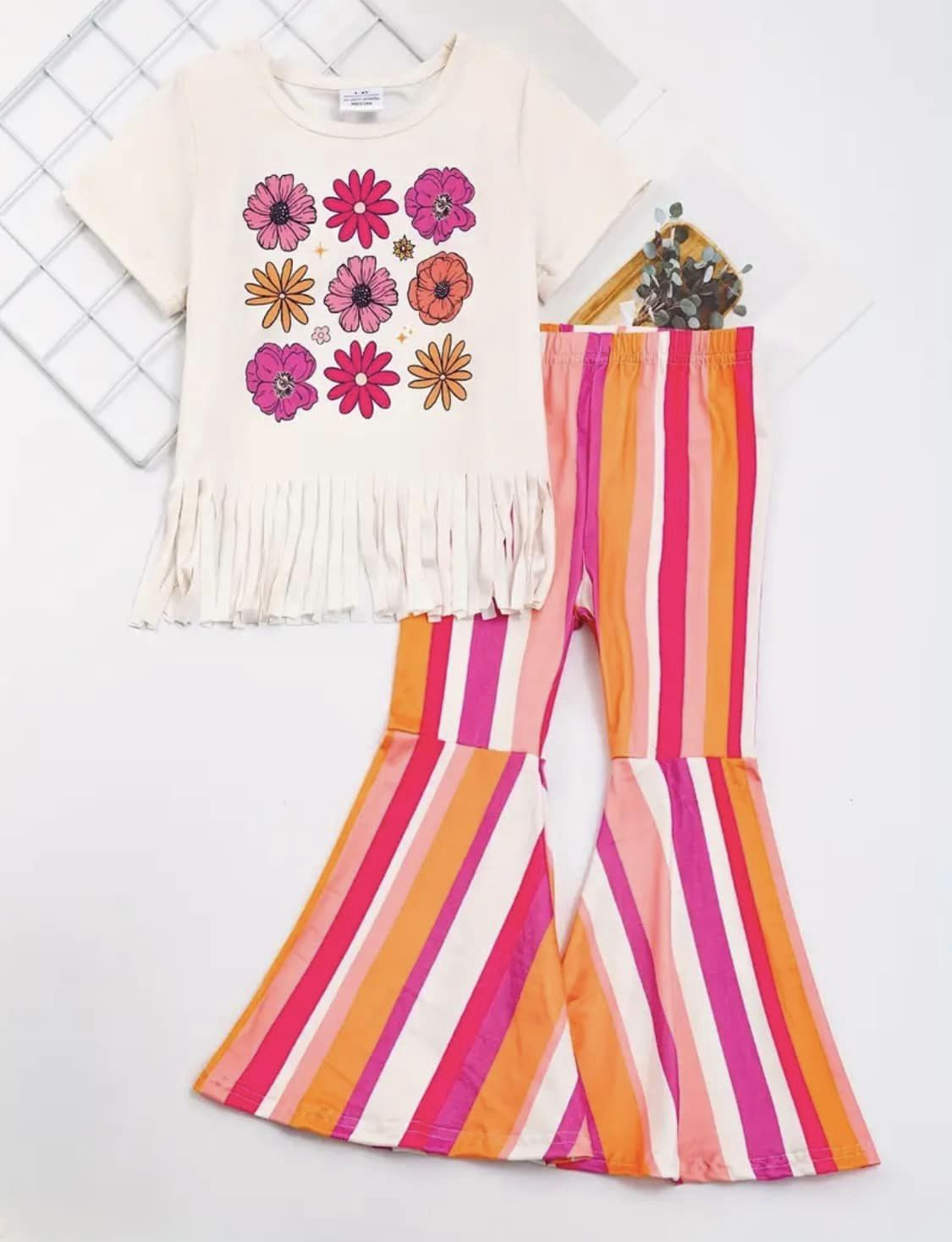 (Custom Design Preorder MOQ 5) Flowers Top Stripes Bell Pants Girls Clothes Set