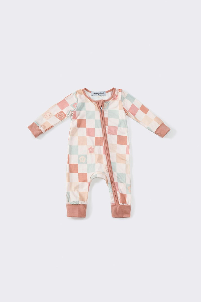 (Custom Design Preorder MOQ 20) Brown Plaid Print Baby Girls Fall Bamboo Sleeper Zipper Romper