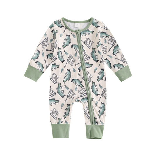 (Custom Design Preorder MOQ 20)  Fishing Print Baby Bamboo Fall Sleeper Zipper Romper