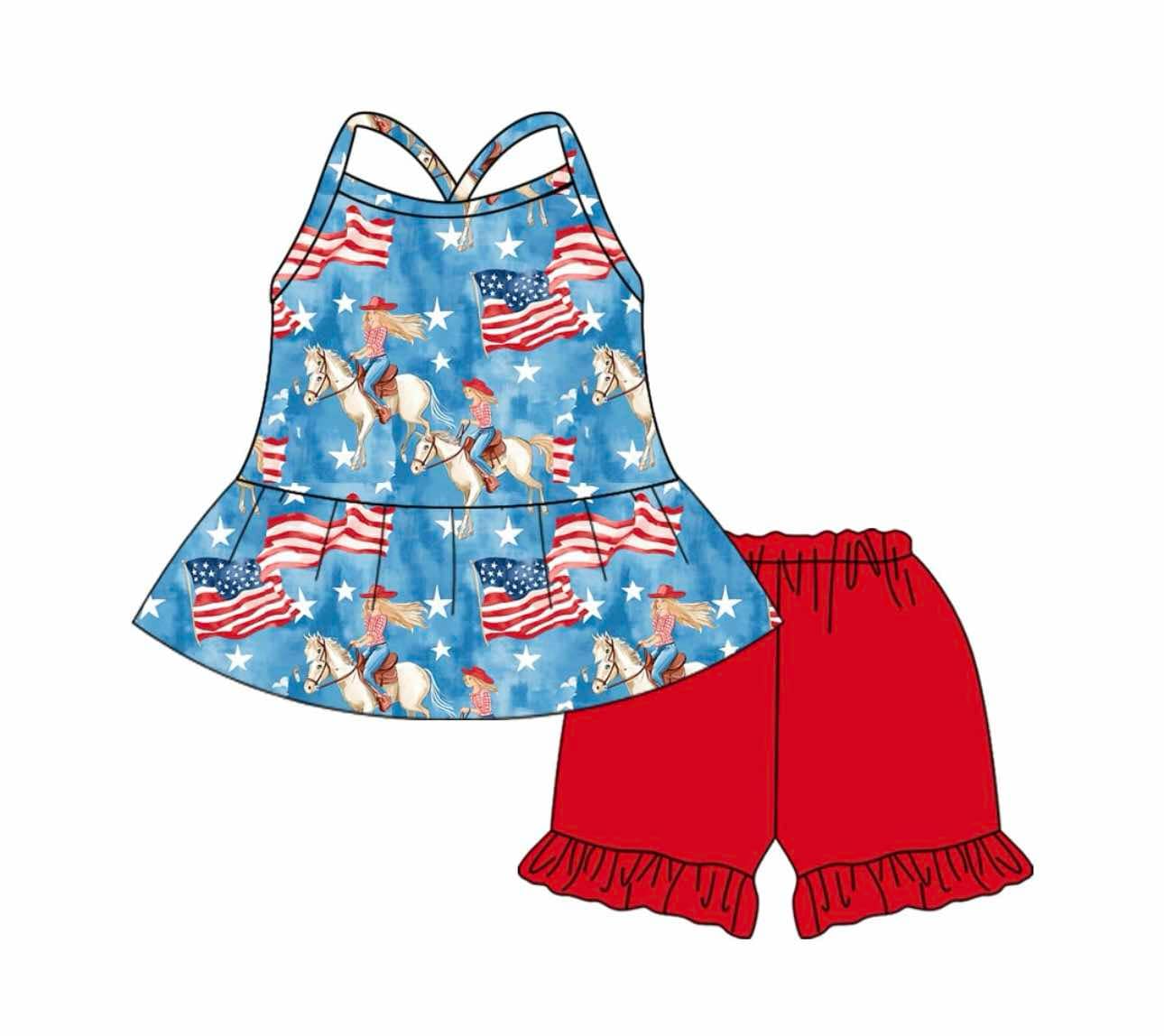 (Custom Design Preorder MOQ 5) Cowgirl Flag Top Red Shorts Girls 4th of July Clothes Set