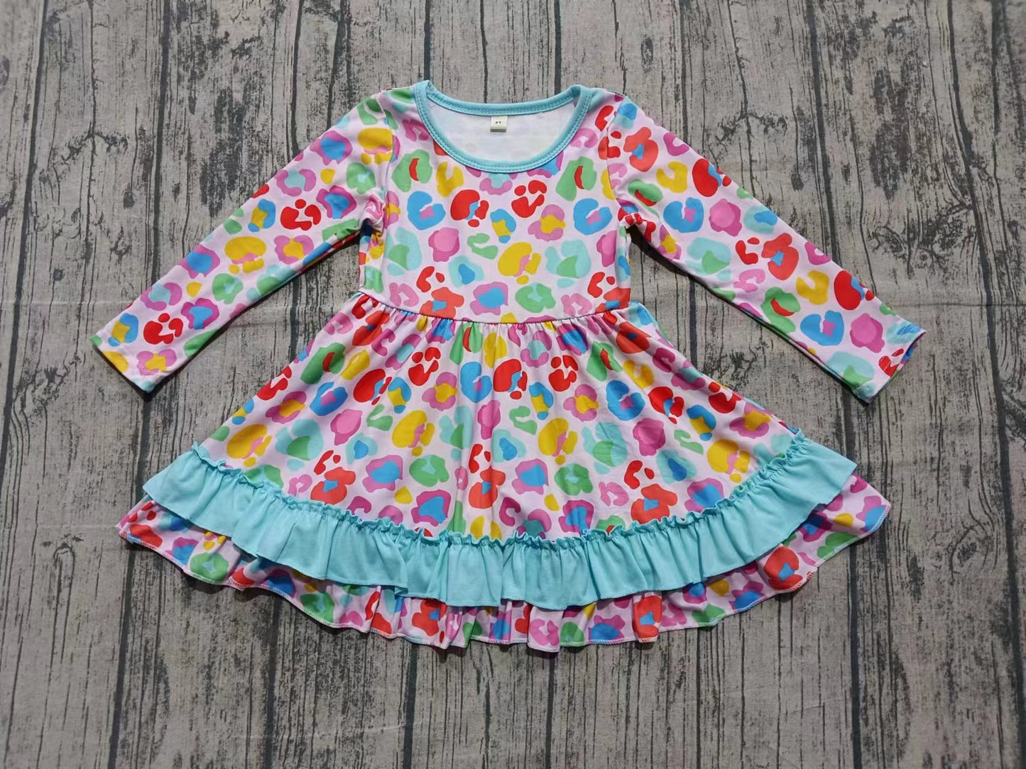 (Custom Design Preorder MOQ 5) Colorful Leopard Print Girls Long Sleeve Knee Length Dress