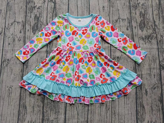 (Custom Design Preorder MOQ 5) Colorful Leopard Print Girls Long Sleeve Knee Length Dress