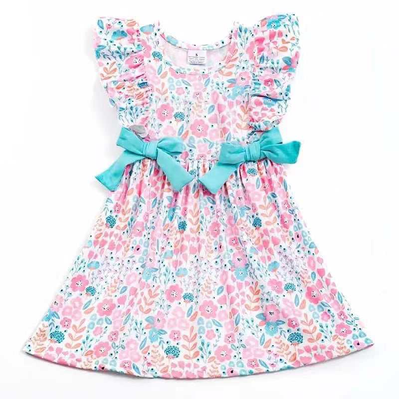 (Custom Design Preorder MOQ 5) Flowers Print Girls Spring Knee Length Dress