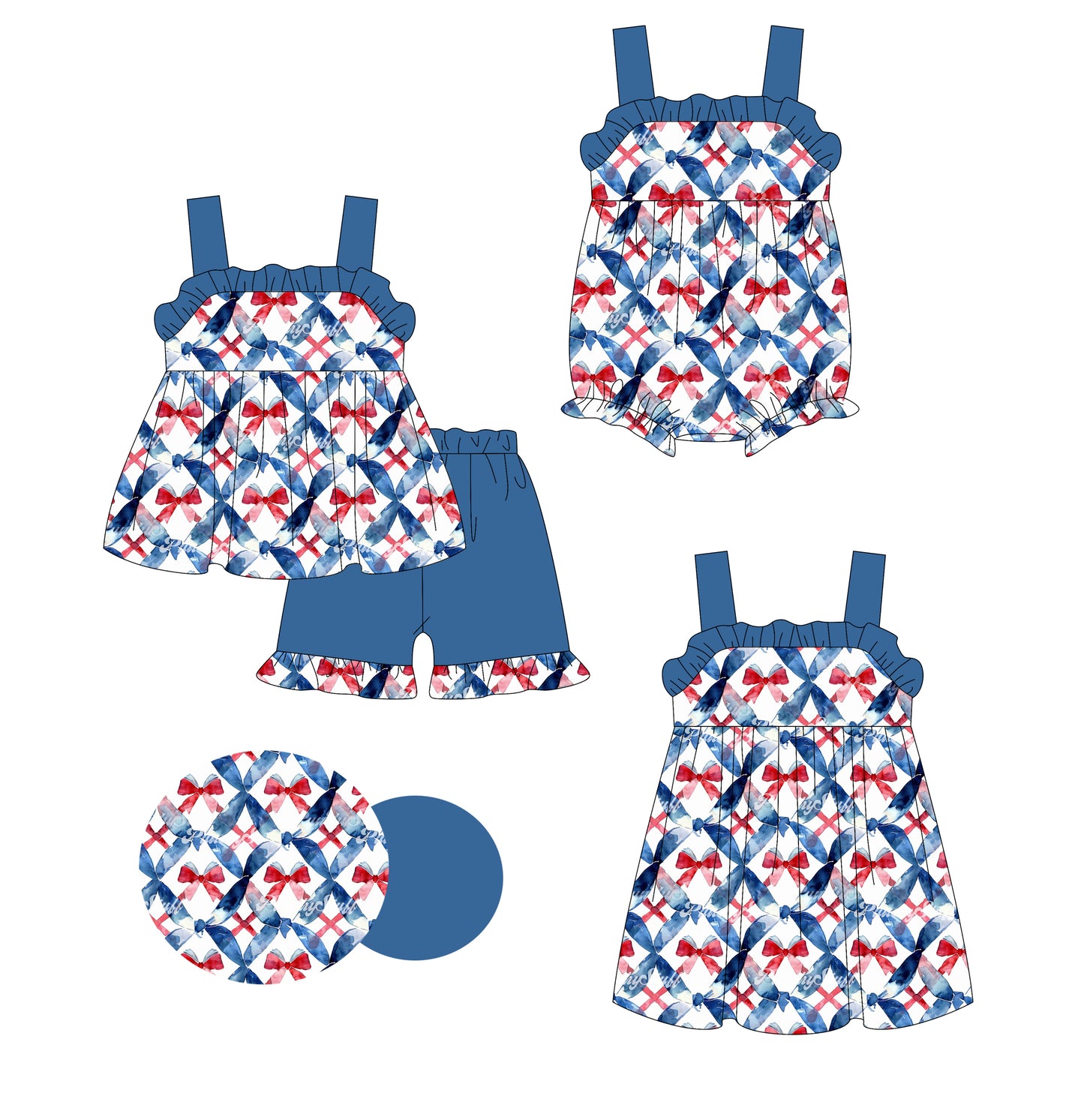 3.6(Custom Design Preorder MOQ 5 Each Design) Red Bows Blue Plaid Print Girls 4th of July Matching Clothes Sisters Wear