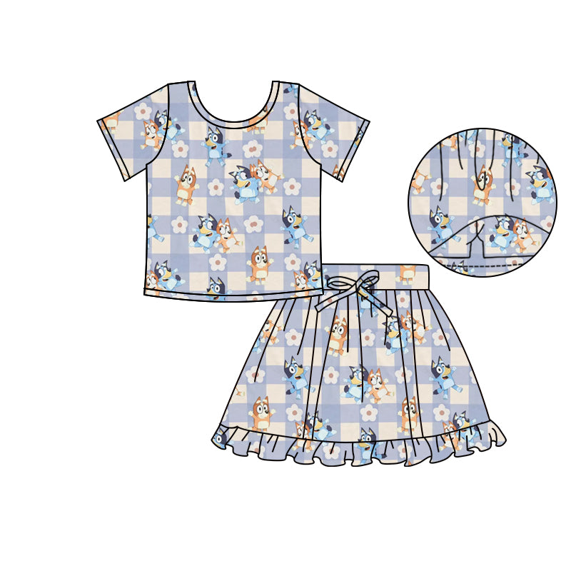 (Custom Design Preorder MOQ 5) Cartoon Dog Flowers Plaid Top Skirts Shorts Girls Summer Clothes Set