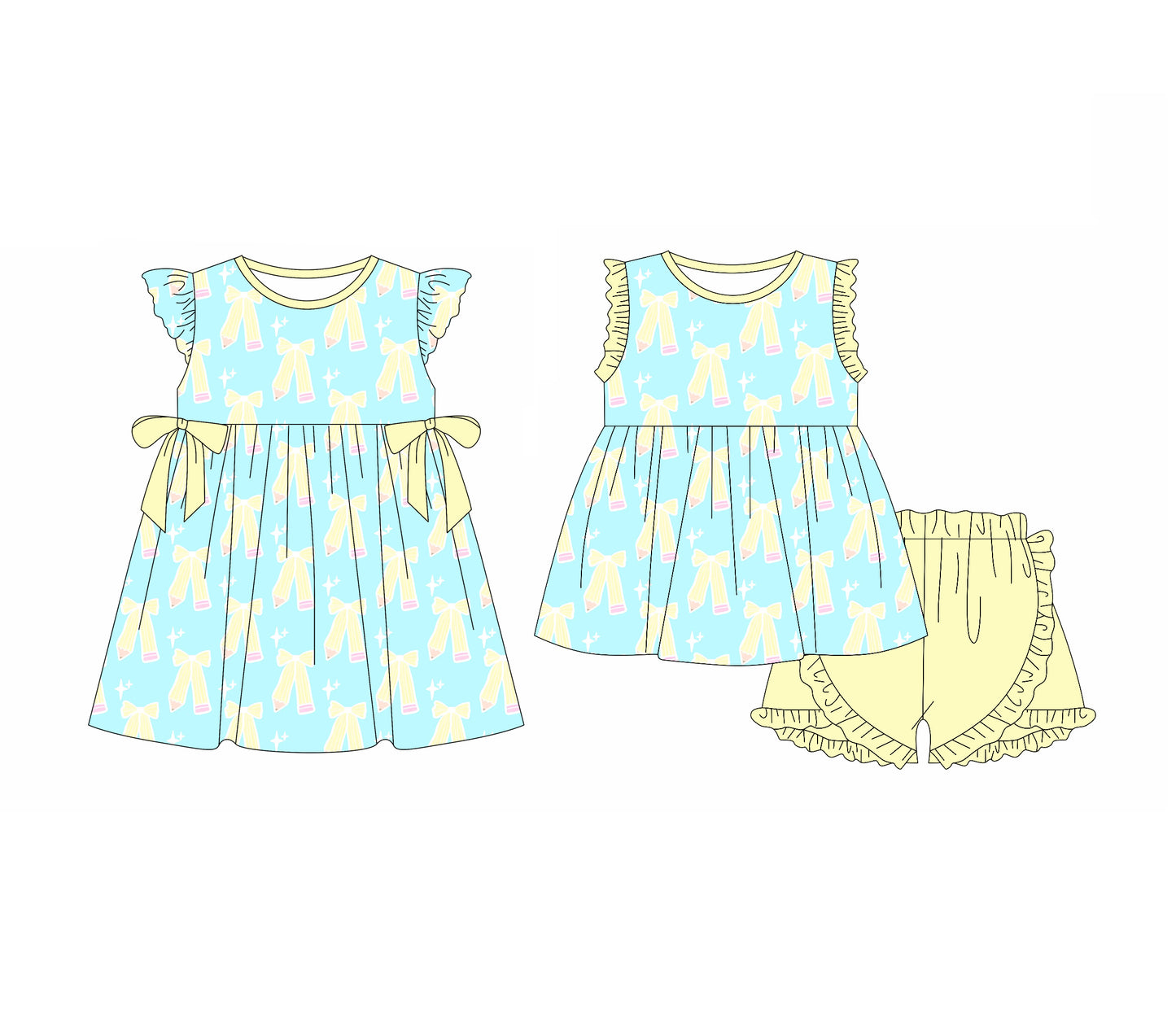 3.31(Custom Design Preorder MOQ 5 Each Design) Pen Bows Print Girls Back to School Matching Clothes Sisters Wear