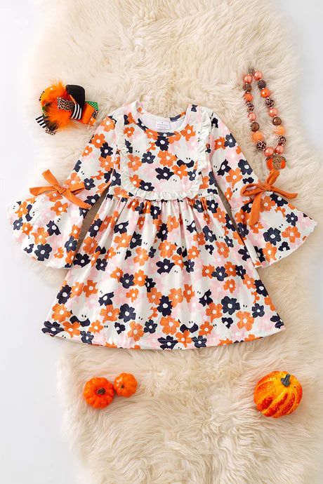 (Custom Design Preorder MOQ 5 ) Spooky Flowers Print Girls Halloween Knee Length Dress