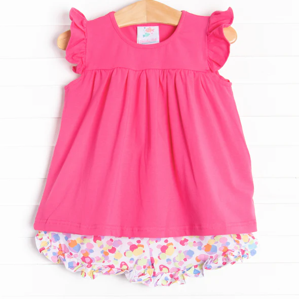 (Custom Design Preorder MOQ 5) Hot Pink Tunic Top Ruffle Shorts Girls Summer Clothes Set