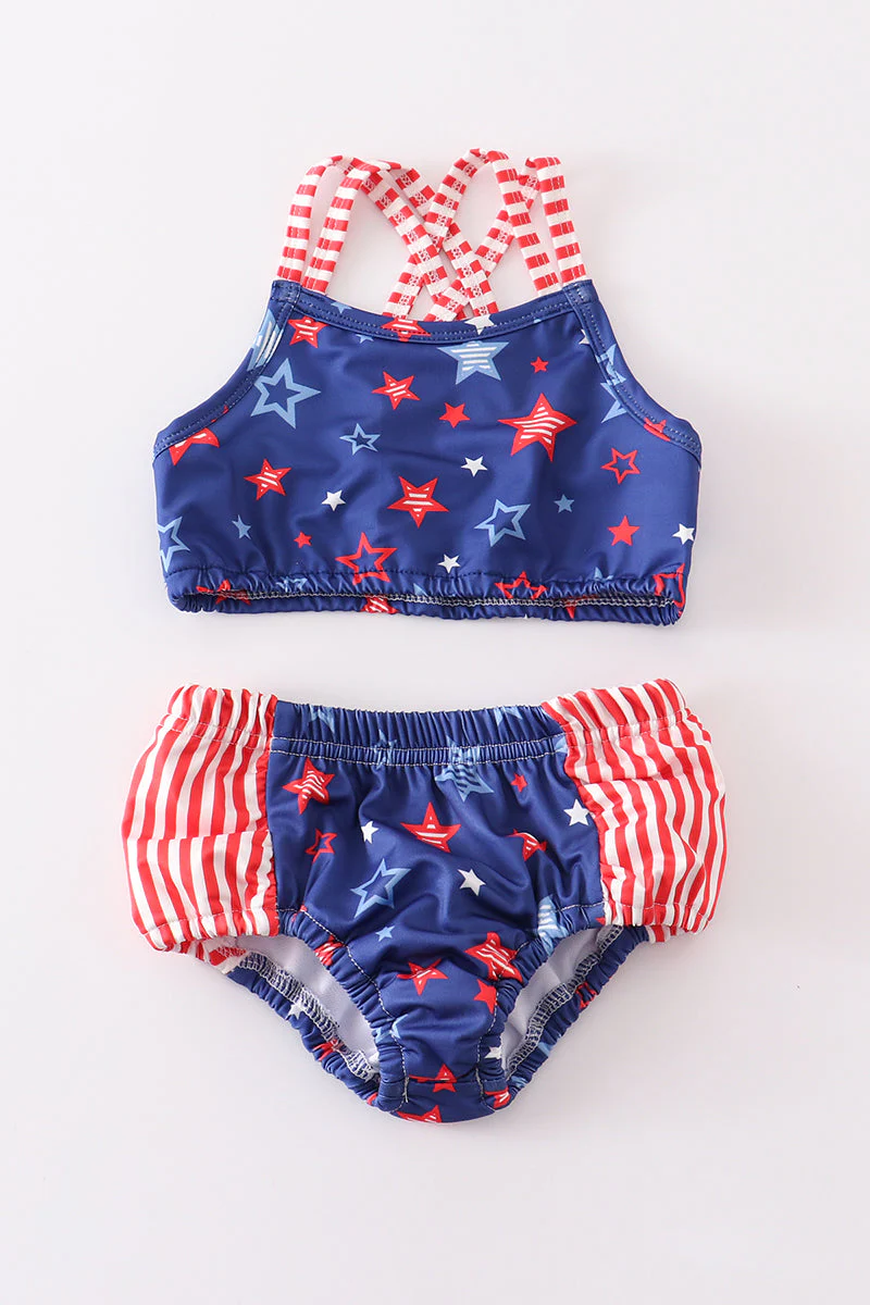 (Custom Design Preorder MOQ 5) Stars Print Girls 2 Piece 4th of July Swimsuits