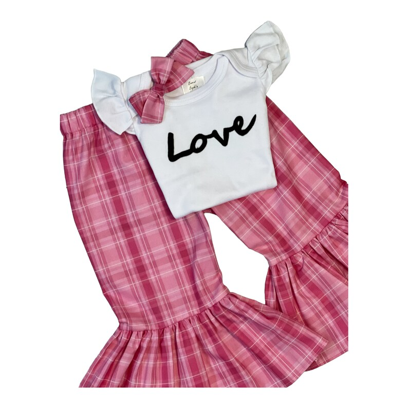(Custom Design Preorder MOQ 5) LOVE Top Pink Plaid Bell Pants Girls Valentine's Clothes Sets