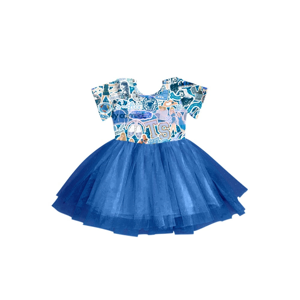 (Custom Design Preorder MOQ 5) Singer Print Blue Tulle Girls Knee Length Summer Dress