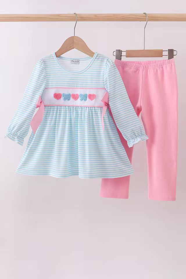 (Custom Design Preorder MOQ 5) Hearts Blue Stripes Tunic Top Pink Pants Girls Valentine's Day Clothes Set