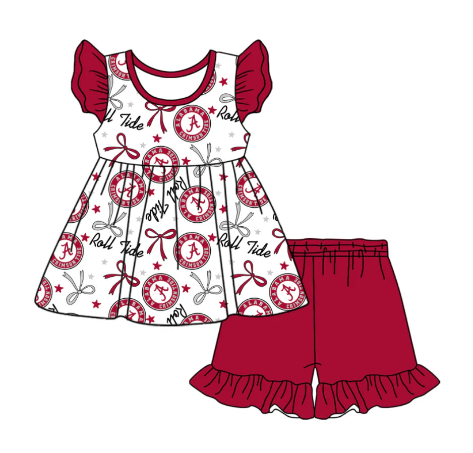 (Custom Design Preorder MOQ 5) Team's Alabama Bows Top Wine Orange Shorts Girls Summer Clothes Set