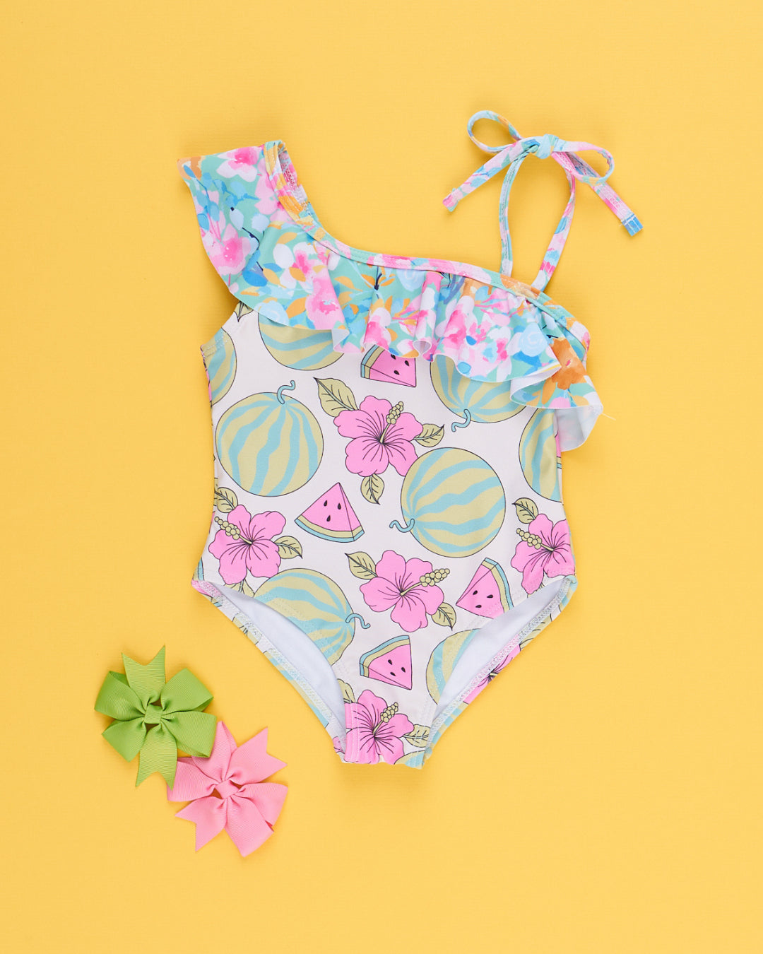 (Custom Design Preorder MOQ 5) Watermelon Flowers Print Girls 1 Piece Strap Swimsuits