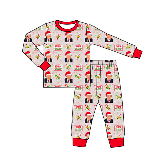 (Custom Design Preorder MOQ 20)  Trump Candy Cane Print Kids Christmas Bamboo Pajamas Clothes Set