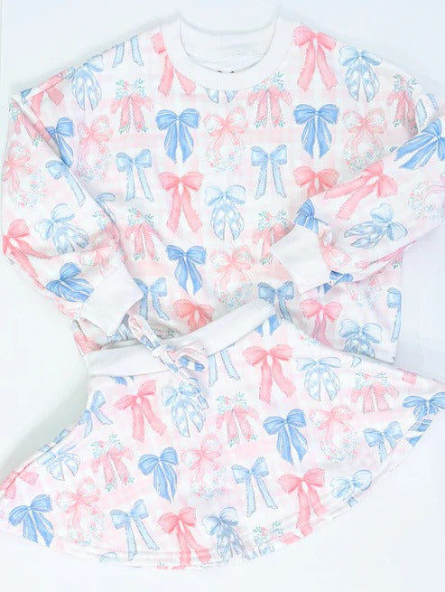 (Custom Design Preorder MOQ 5) Pink Blue Bows Long Sleeve Top Skirts Shorts Girls Clothes Set