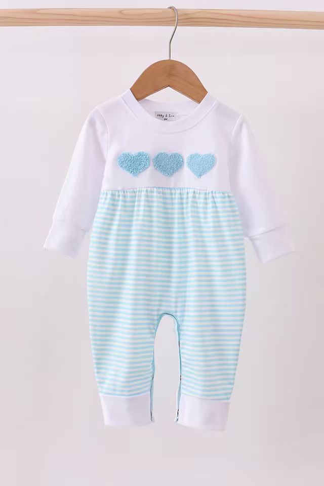 (Custom Design Preorder MOQ 5) Hearts Blue Stripes Print Baby Boys Valentine's Day Romper