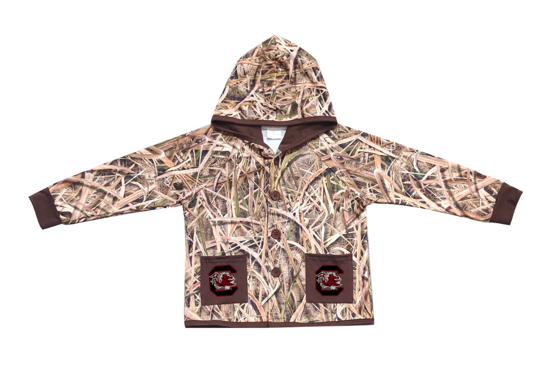 (Custom Design Preorder MOQ 5 Each Item) Team's Gamecock Grasses Camo Print Pockets Buttons Kids Fall Hoodie Jackets Top Mom and Me Matching Clothes