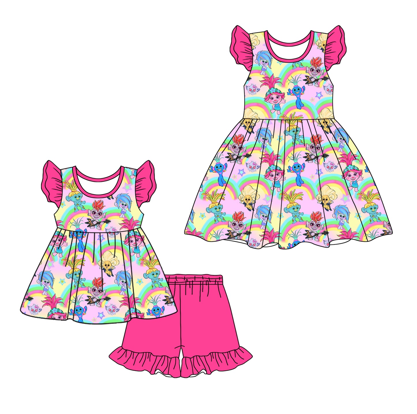12.9(Custom Design Preorder MOQ 5 Each Design) Cartoon Trol* Rainbow Print Girls Summer Matching Clothes Sisters Wear